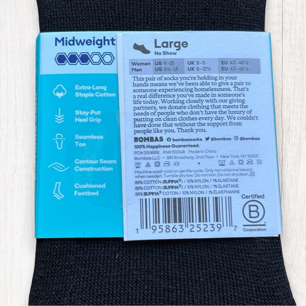NWT Bombas Mid-Cut No Show Socks Black Large Supima Cotton Cushioned Footbed - Picture 3 of 4